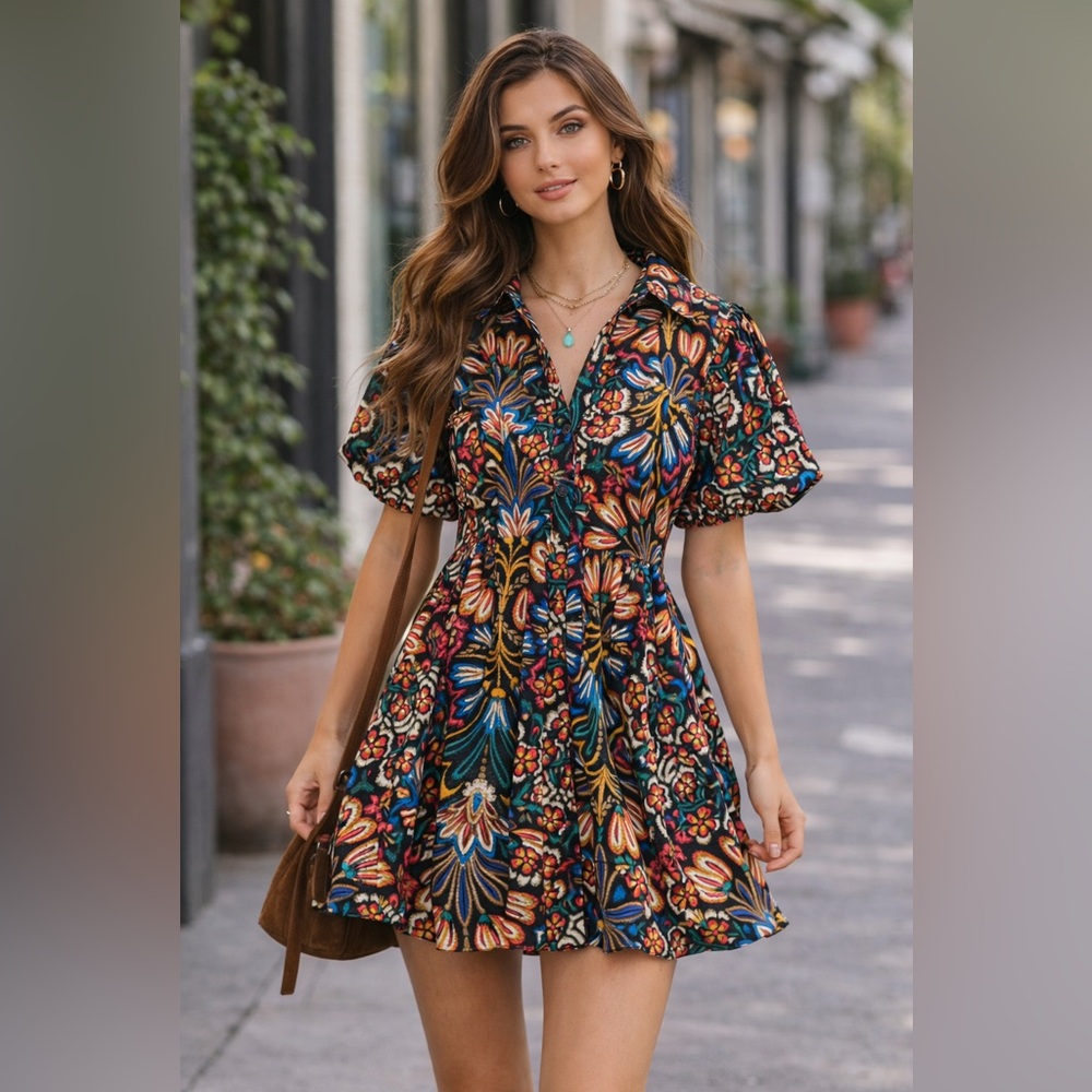 Olivaceous Black and Multicolor Floral Mini Dress